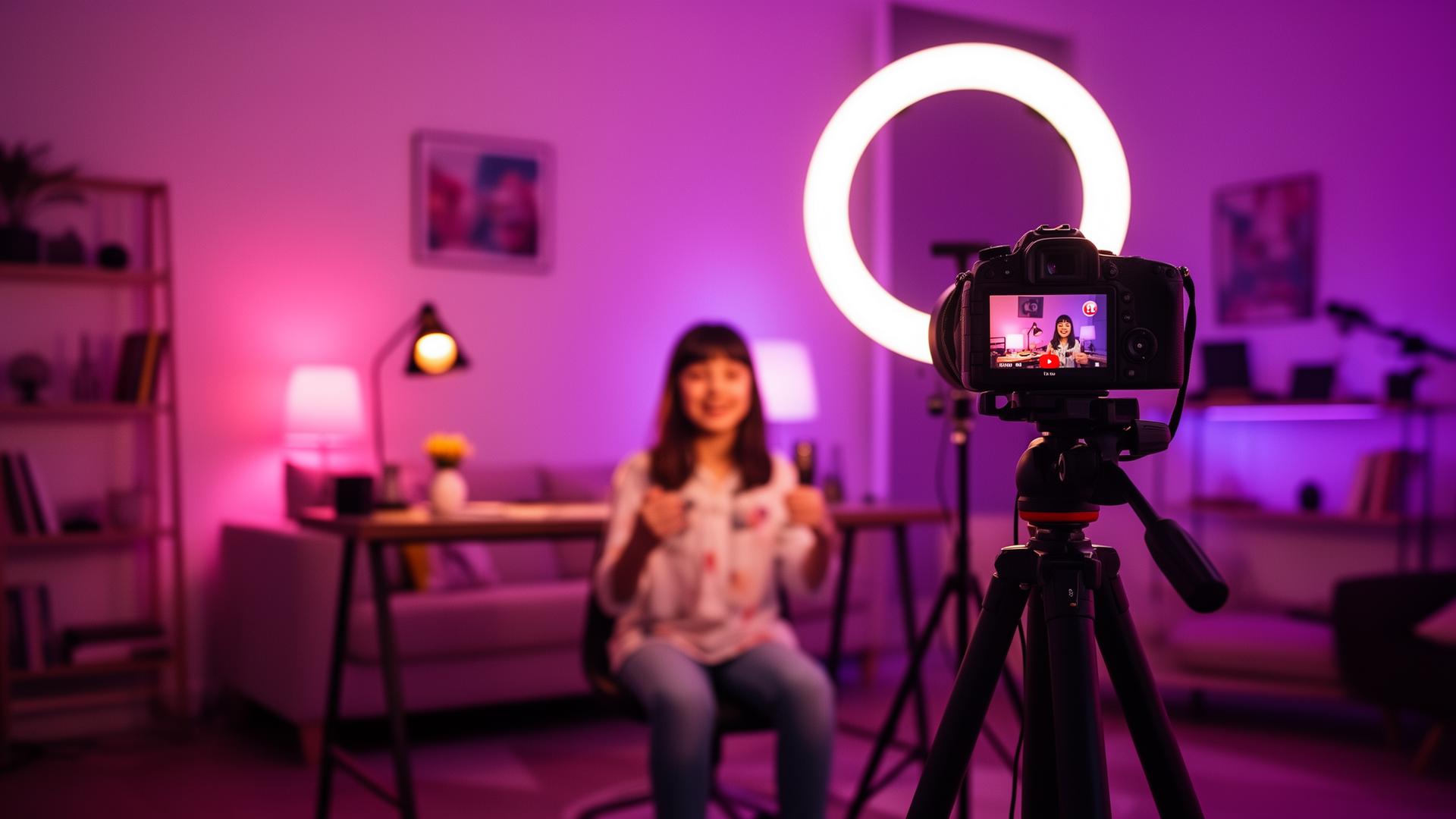 Creator filming a YouTube video in a studio with vibrant lighting